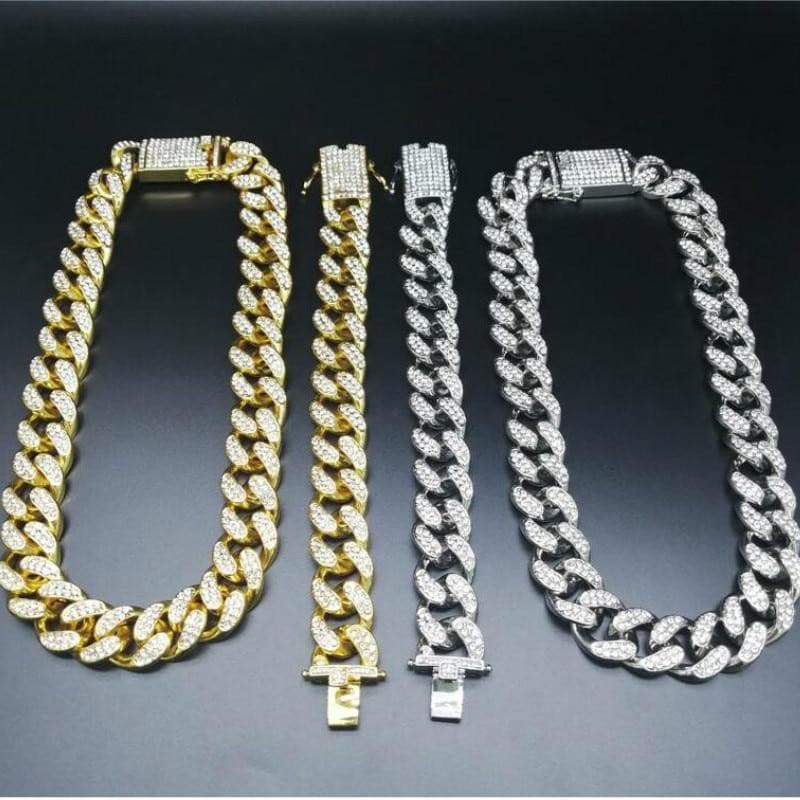 Set of Iced Out Watch Cuban Link Necklace Cuban Chain 